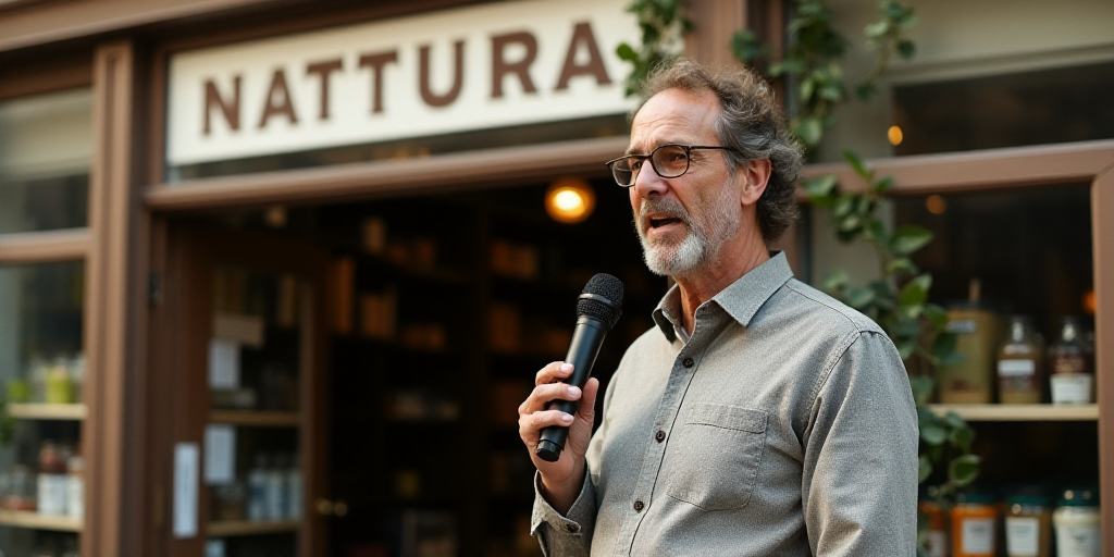 a man standing in front of a store holding a microphone in his hand and a sign above him that says n