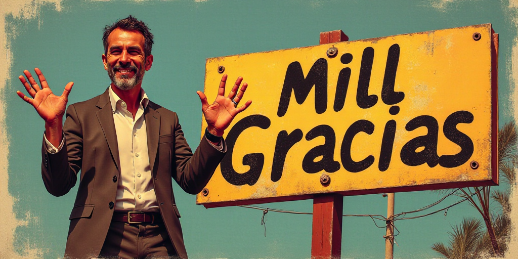 a man standing in front of a sign with his hands up in front of him and a sign that says to mill gra