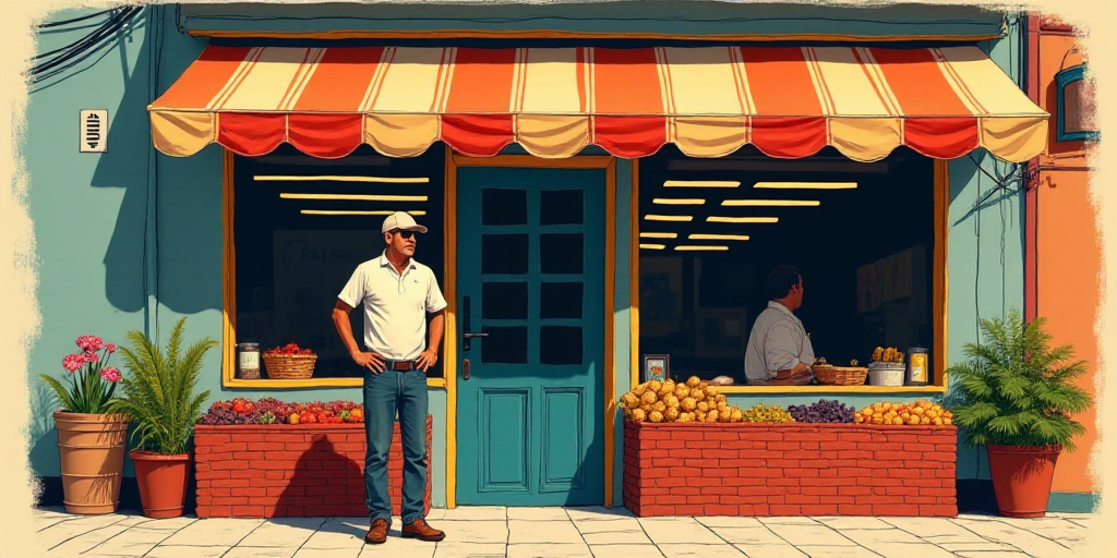 a man standing in front of a store with a sign above him that says abarrotes on it, Enrique Tábara,