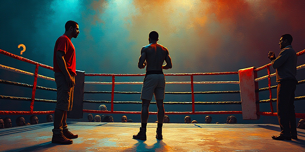 a man standing next to a boxing ring with a referee on the side of it and a man standing next to him