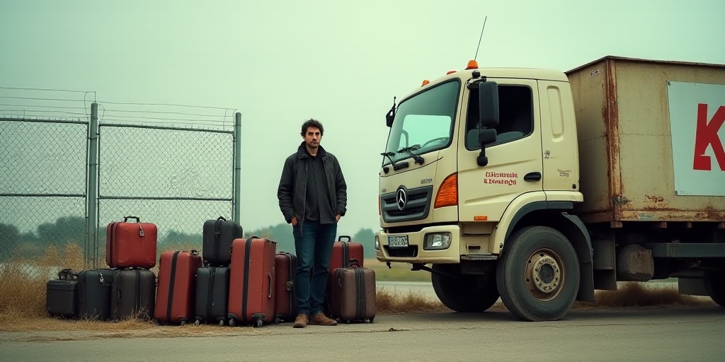 a man standing next to a bunch of luggage bags near a fence and a truck with a sign on it, Fikret Mu