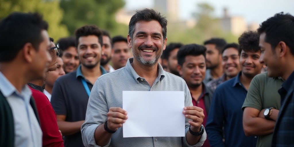 a man standing next to a group of people holding a sign in front of him and smiling at the camera, C