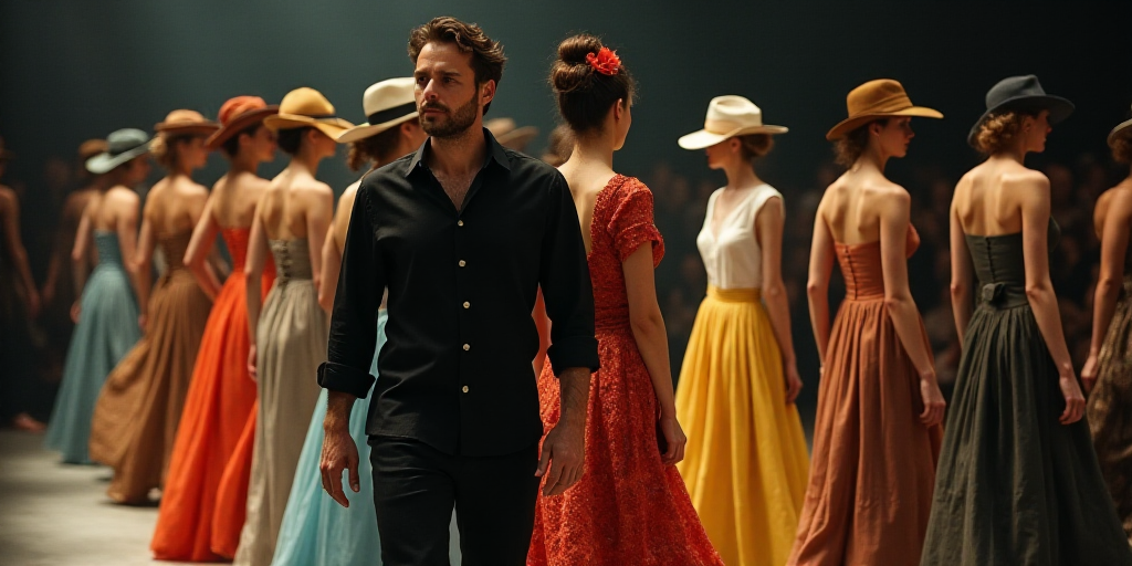 a man standing next to a group of women in dresses and hats on a runway with a man in a black shirt,
