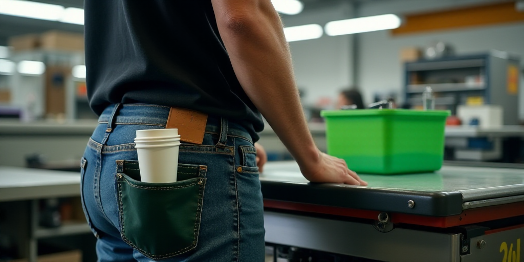 a man standing next to a machine with plastic cups in it's back pocket and a green box in front of i