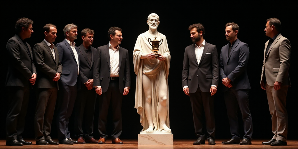 a man standing next to a man holding a trophy in front of him on a stage with other men, Ángel Bote