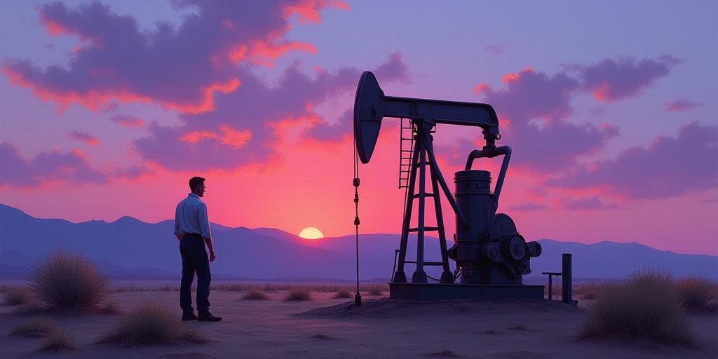 a man standing next to a pump in the desert at sunset with a purple sky behind him and a purple and