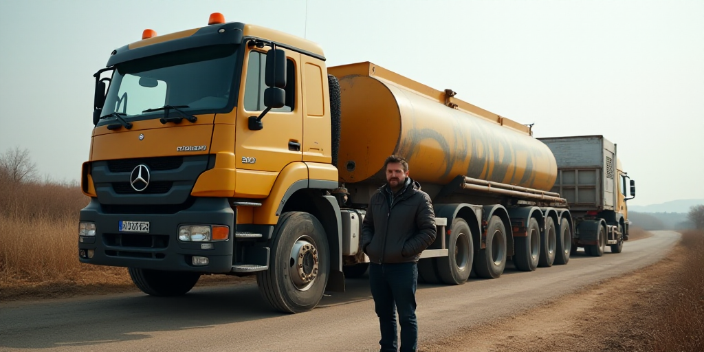 a man standing next to a truck with a large tank on it's back end and a truck behind it, Ceferí Oli