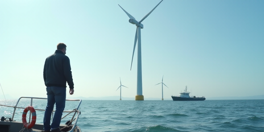 a man standing on a boat in the ocean next to a wind turbine and a boat with a life preserver, Armin