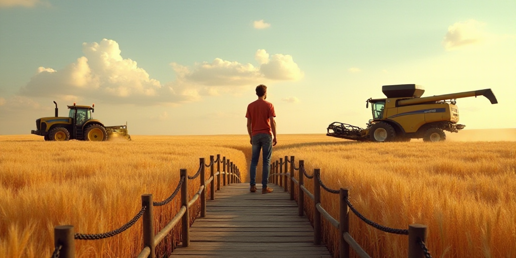 a man standing on a bridge over a field of grain next to a tractor and a combine truck in the distan