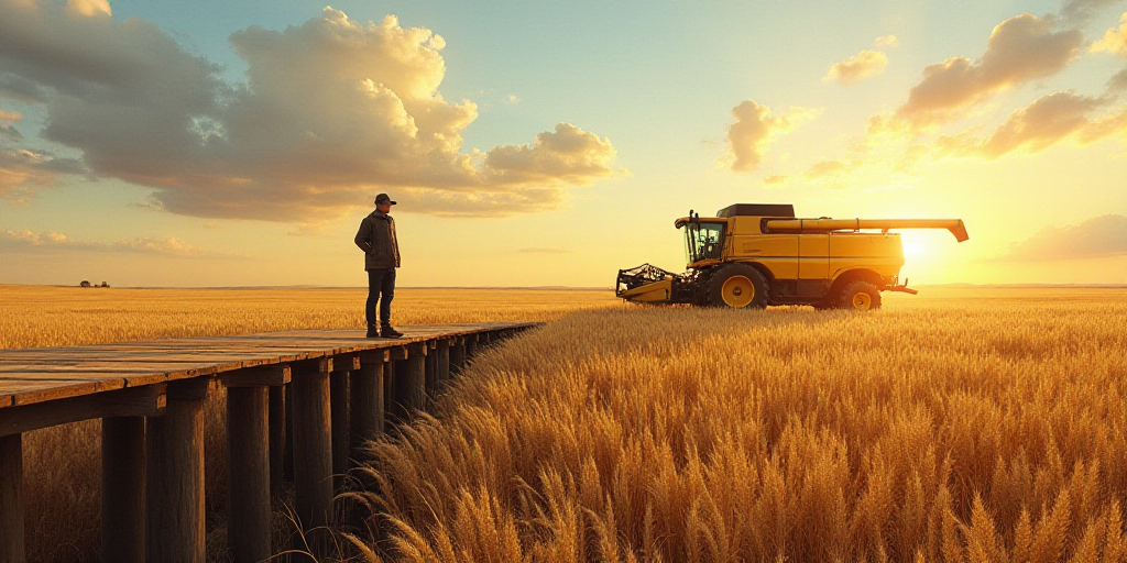 a man standing on a bridge over a field of grain next to a tractor and a combine truck in the distan