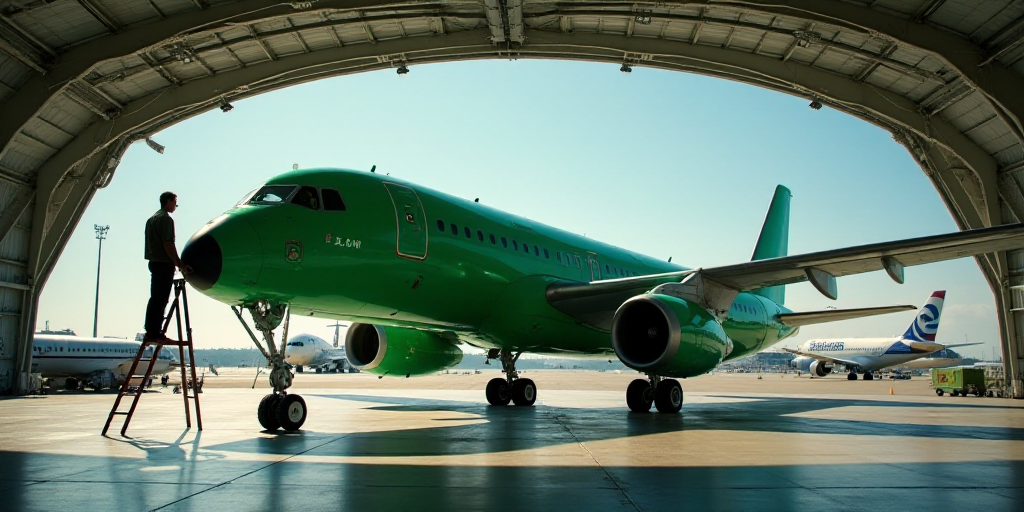 a man standing on a ladder next to a green airplane in a hangar with other planes in the background,