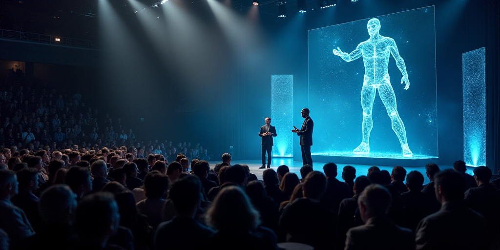 a man standing on a stage giving a speech to a crowd of people at a conference or conference hall, A