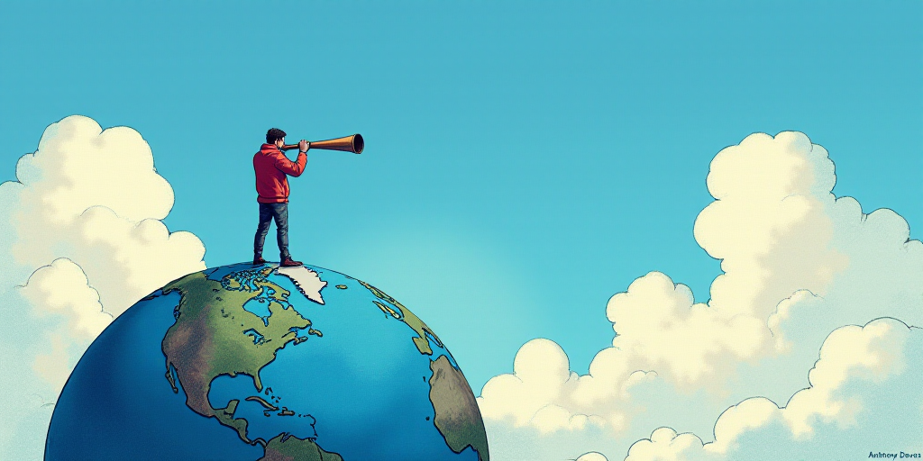 a man standing on top of a blue earth looking through a telescope at the sky with clouds and a sky b
