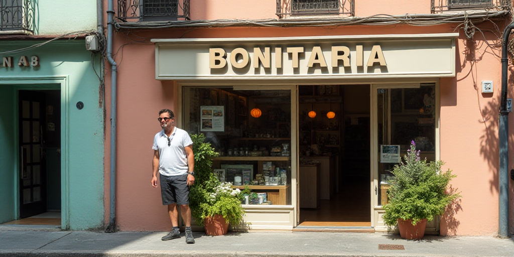 a man standing outside of a store with a sign on the front of it that says bonitaria, Aquirax Uno, e
