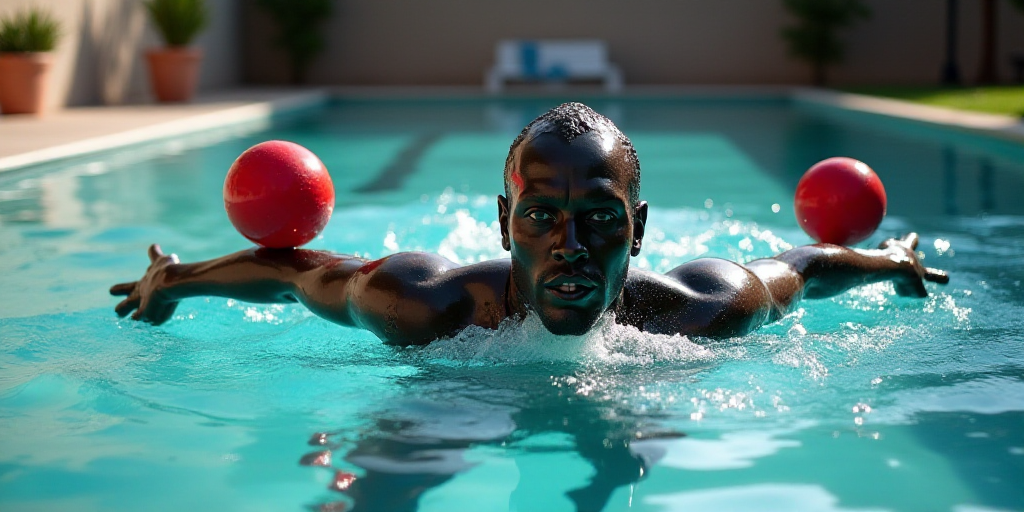 a man swimming in a pool with a red ball in his hand and a red ball in his other hand, Alejandro Obr