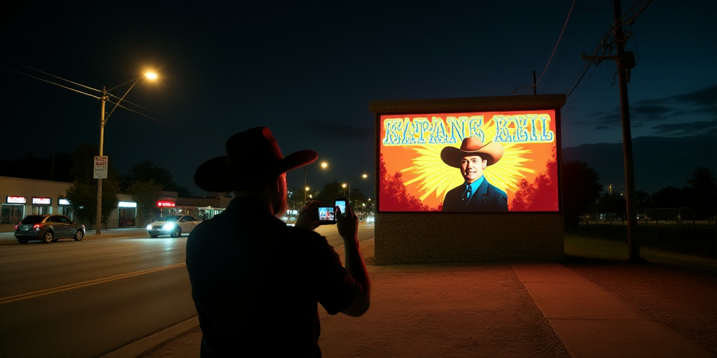 a man taking a picture of a sign with a cell phone in his hand at night time with a cowboy hat on, D