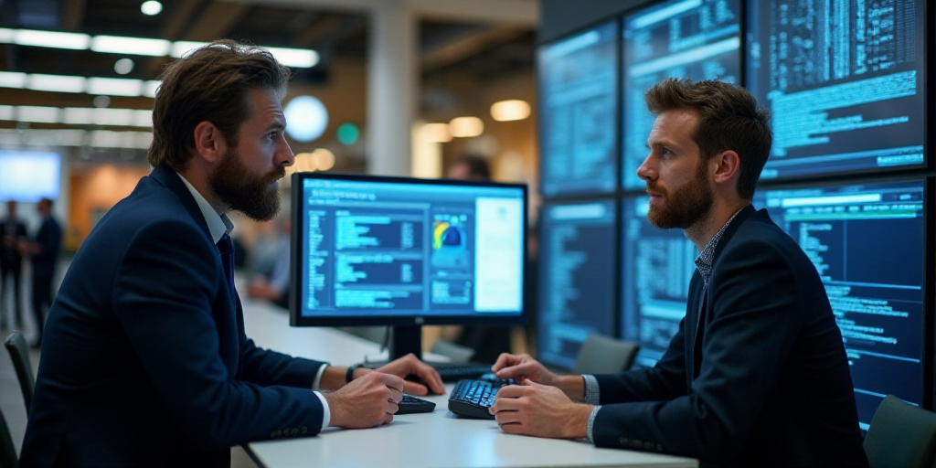 a man talking to another man in front of a computer screen at a trade show in a mall or mall, Andrie