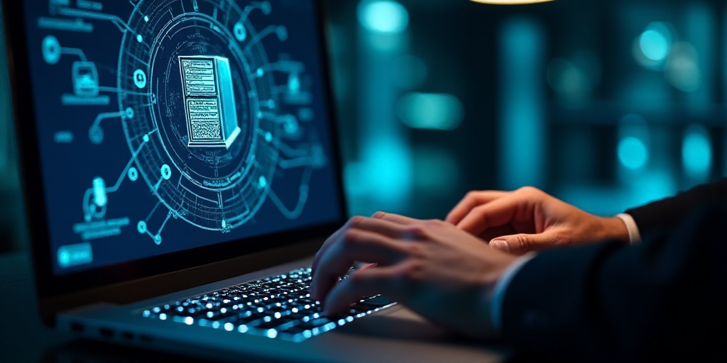 a man using a laptop computer with a graphic of a server on the screen and a hand on the keyboard, A