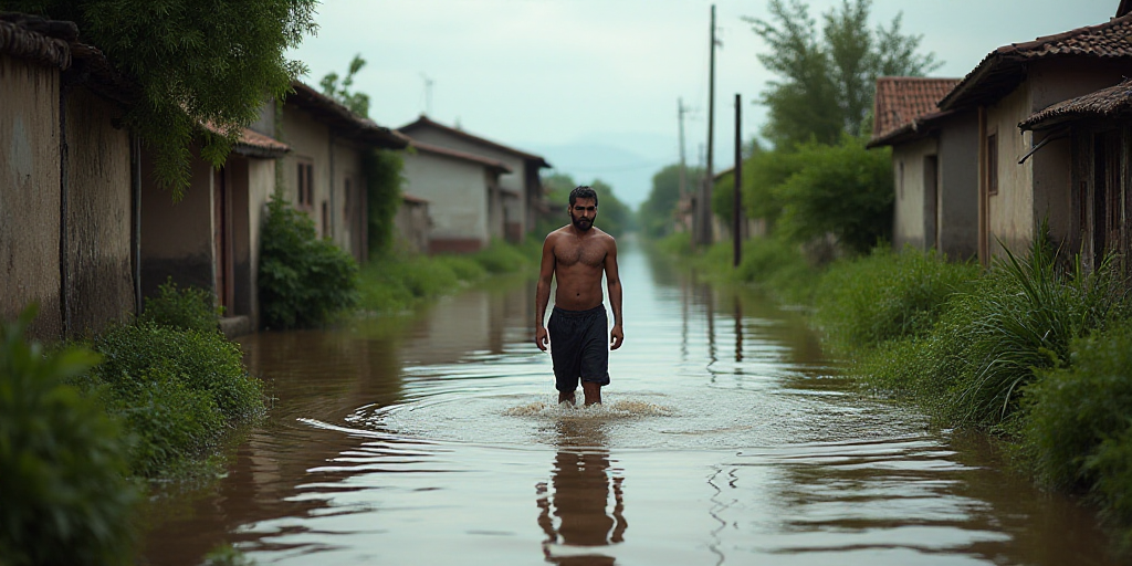 a man wades through a flooded street in a village in the outskirts of a city, near a river, Amir Zan