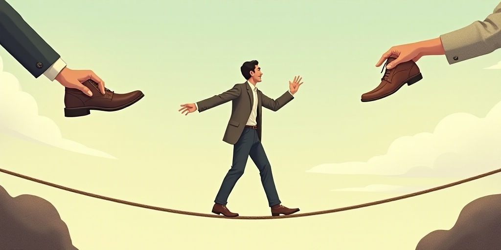 a man walking a tightrope with a hand holding a shoe on it's side and a hand holding a shoe on the o