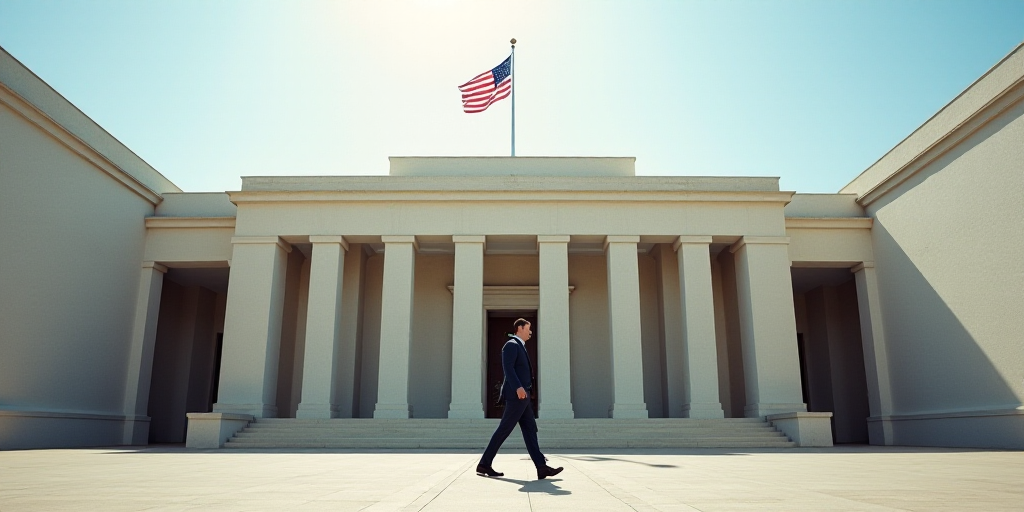 a man walking in front of a building with a flag on top of it and a flag on top of it, Darrell Riche