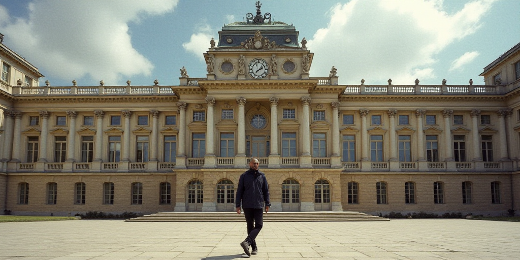 a man walking in front of a large building with many windows and a clock on the front of it, Félix
