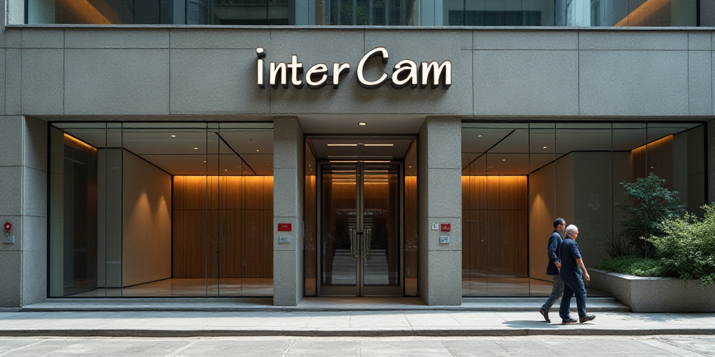 a man walking past a bank and a building with a sign on it that says intercam and a man walking past
