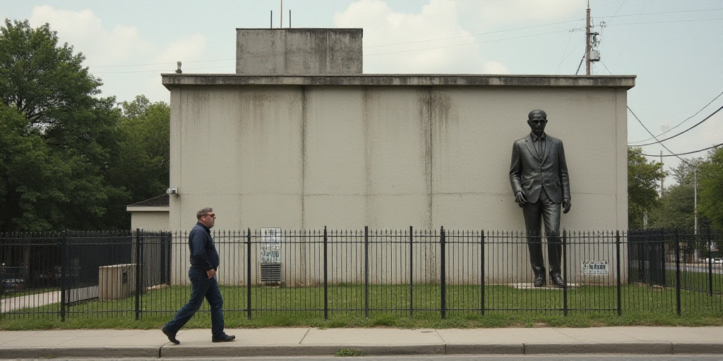 a man walking past a building with a statue of a man on it's side and a fence around it, Evelyn Abel