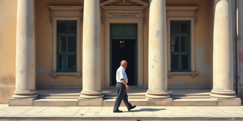 a man walking past a building with columns and a sign on it that says banca central republic argenti