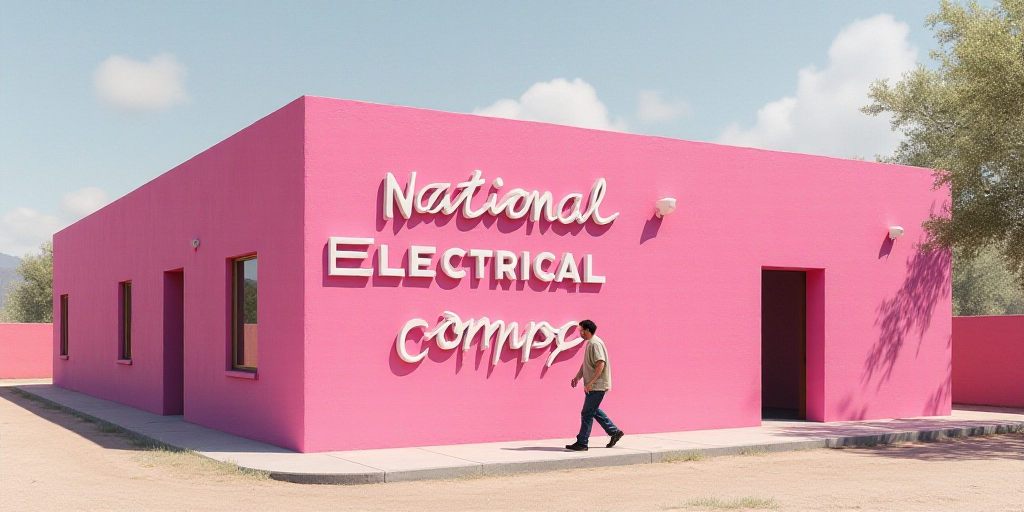 a man walking past a pink building with a sign that says national electrical company on it's side, D
