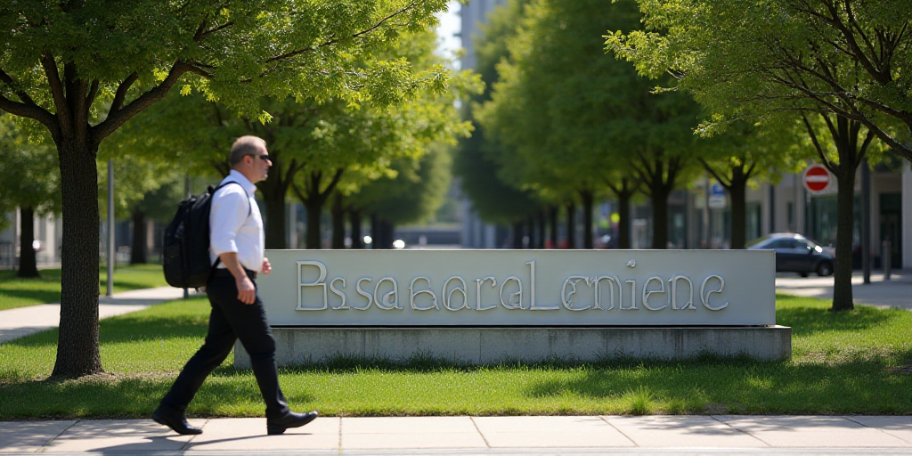 a man walking past a sign for a business center in a city area with trees in the background and a ma