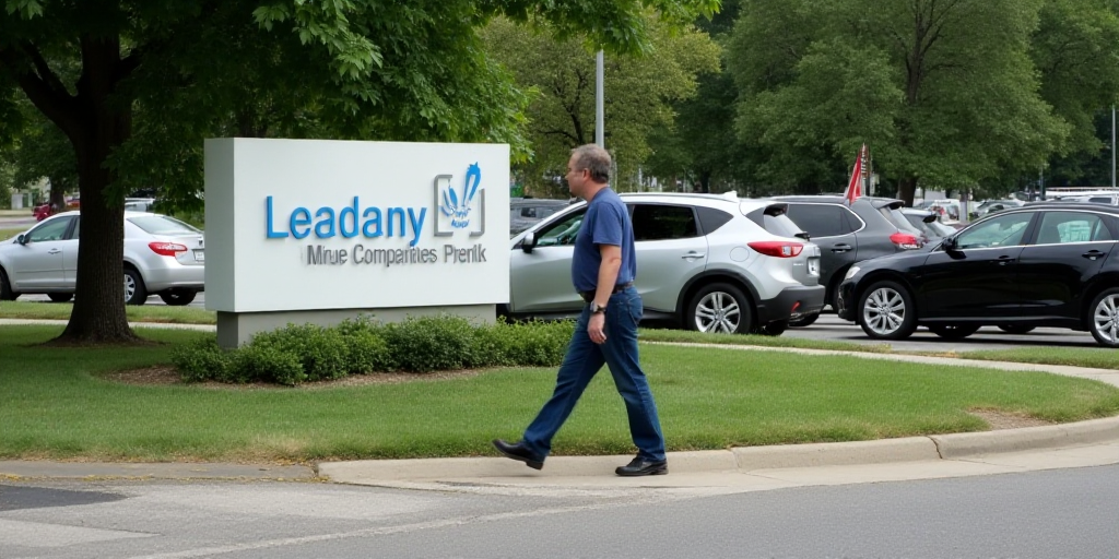 a man walking past a sign for a company in a park area with cars parked in the background and a tree