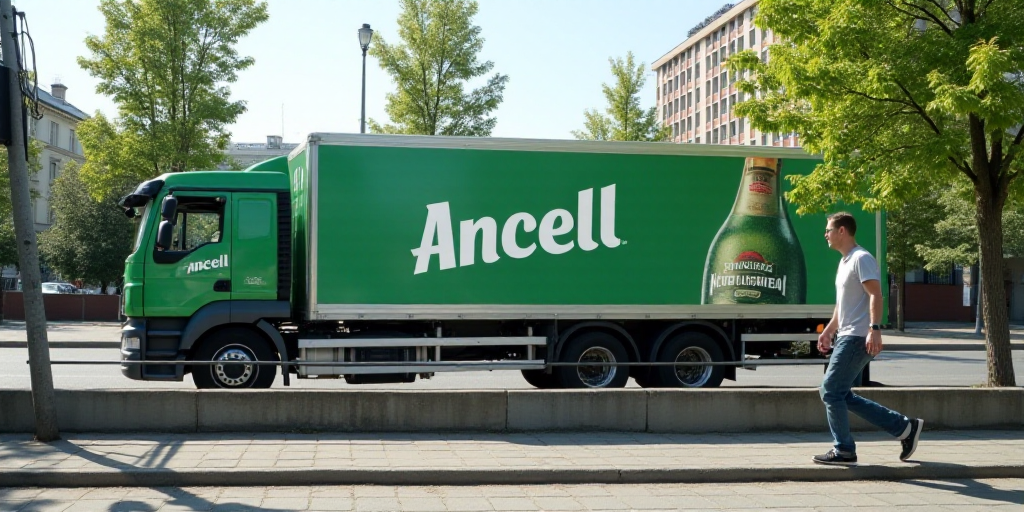 a man walking past a wall with a flag on it and a truck in the background with a man in a green vest