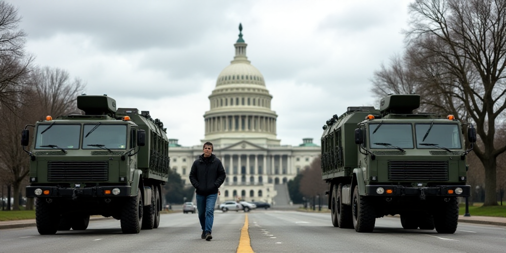 a man walking past two military vehicles in front of the capitol building in washington, dc, on a cl