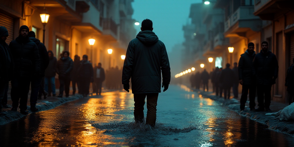 a man walking through a flooded street at night with people watching him from the sidelines of the s