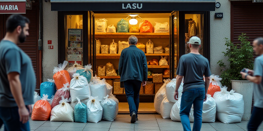 a man walking through a store filled with bags of items and people standing around it in front of a