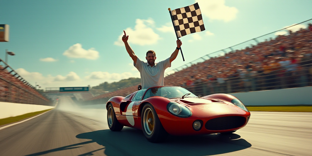 a man waving a checkered flag while driving a race car down a race track with a crowd watching, Corn