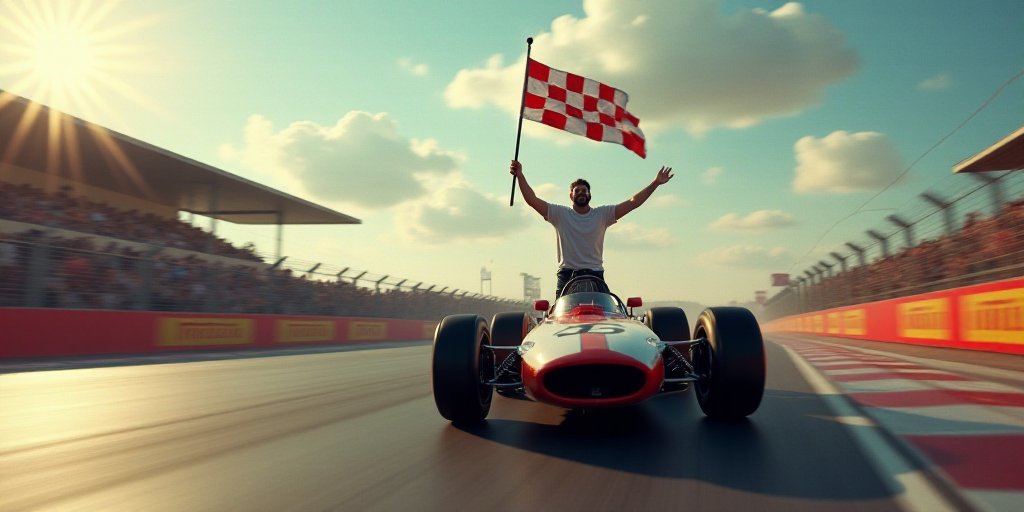a man waving a checkered flag while driving a race car down a race track with a crowd watching, Corn