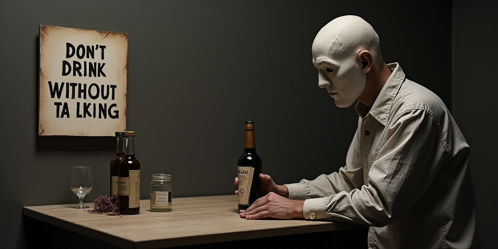 a man wearing a face mask standing next to a table with a sign on it that says, don't drink without