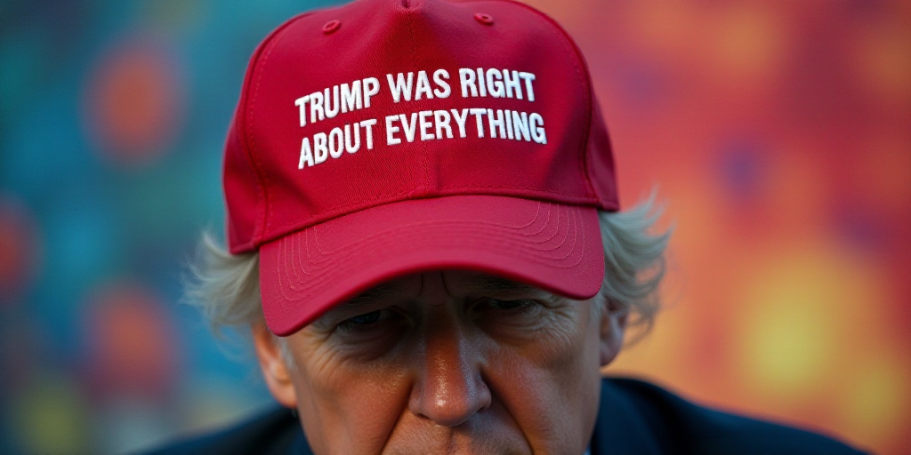 a man wearing a red hat with a message on it saying trump was right about everything in front of a c