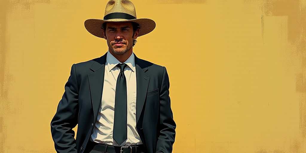 a man wearing a straw hat and a suit jacket with a tie and a tie on his shirt and pants, Estuardo Ma