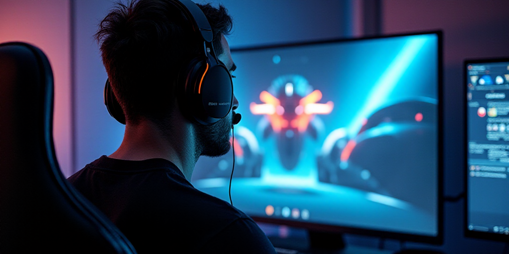 a man wearing headphones and a headset in front of a television screen with a video game on it, Avgu