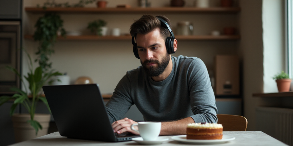 a man wearing headphones sitting at a table with a laptop and cake on it, with a cup of coffee in fr