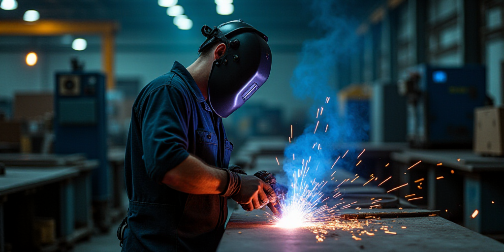 a man welding a piece of metal in a factory with a welding machine in the background and a man in th