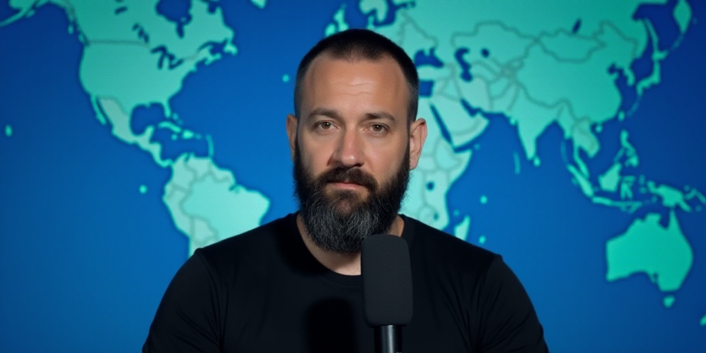 a man with a beard and a black shirt is speaking into a microphone and a blue background with a map
