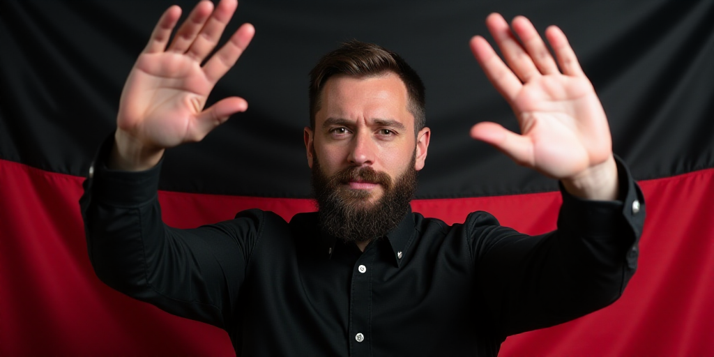a man with a beard and a black shirt is holding his hands up in front of him and a flag behind him,