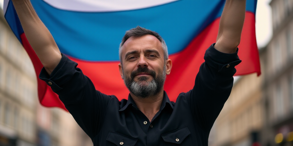 a man with a beard and a black shirt is holding his hands up in the air and a flag behind him, Alexe