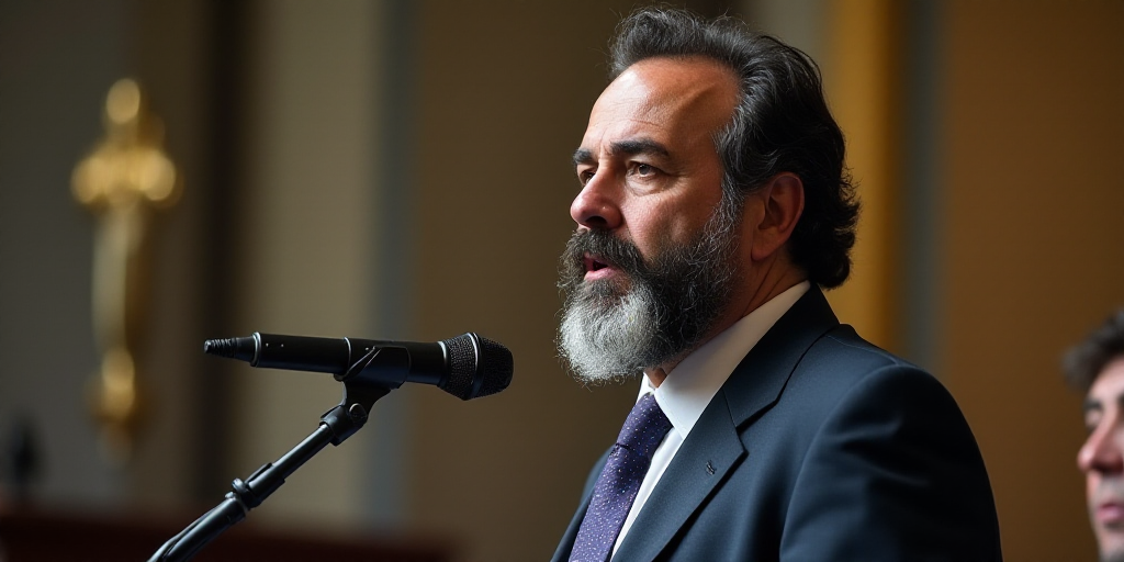 a man with a beard and a suit giving a speech with a microphone in front of him and a microphone in