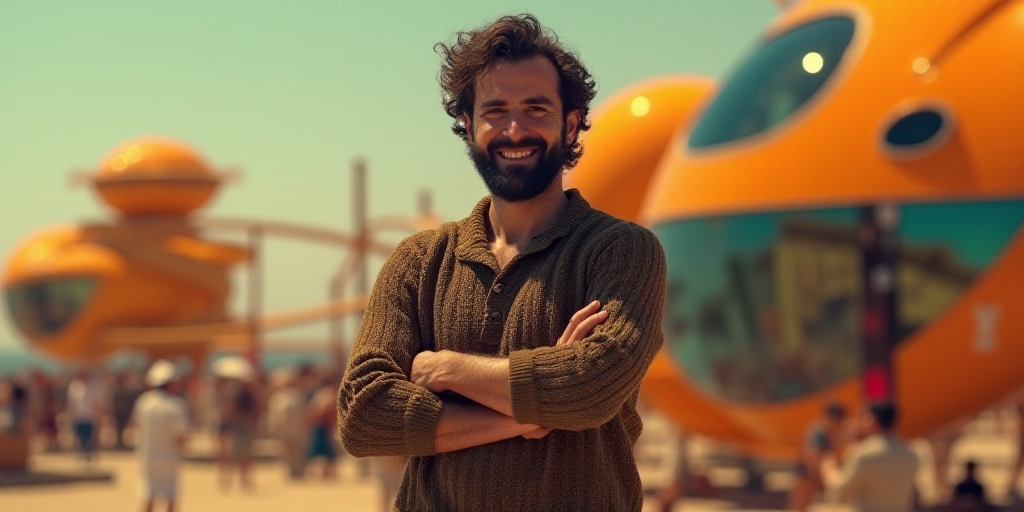 a man with a beard and a sweater on is smiling at the camera with his arms crossed and his arms cros