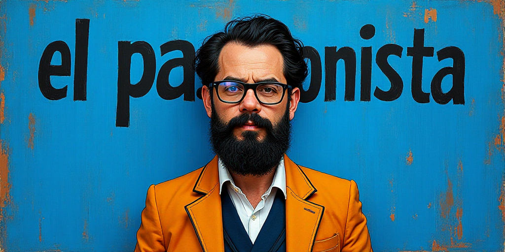 a man with a beard and glasses standing in front of a blue background with the words, el pasonista,